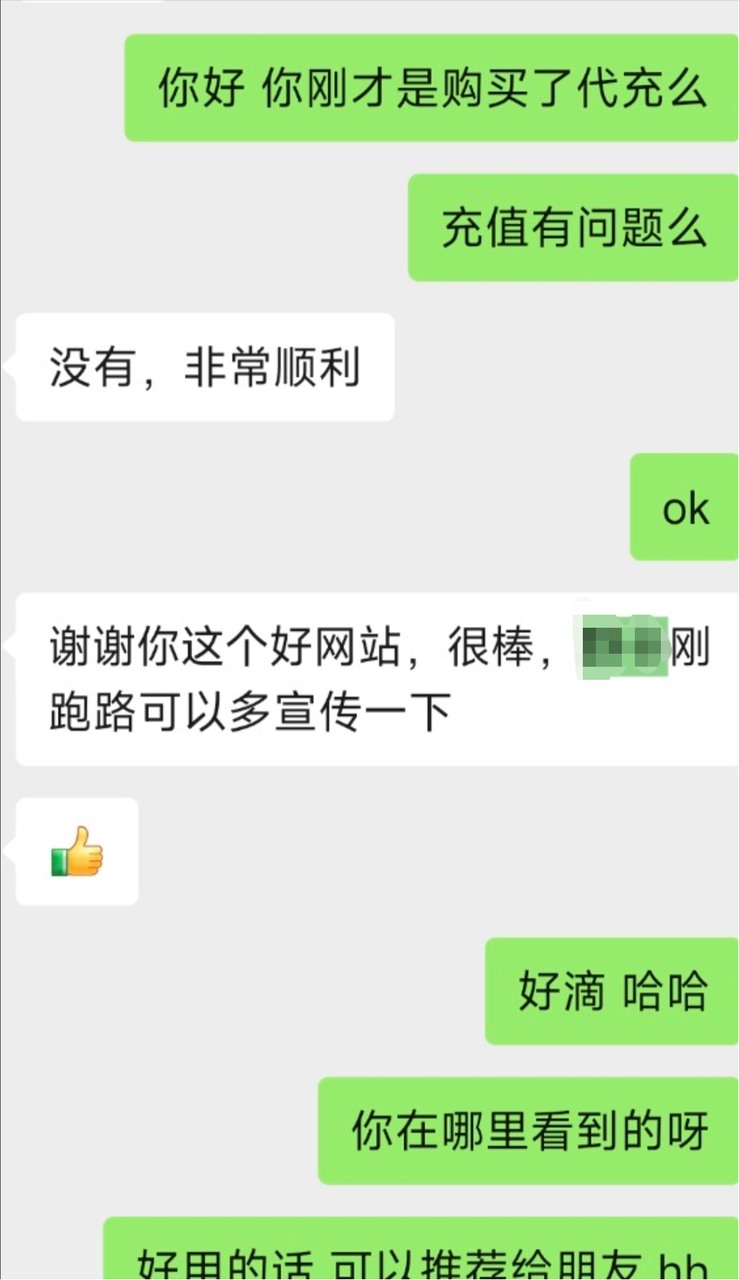 微信聊天截图:客服询问充值是否有问题,用户回复非常顺利并称赞网站