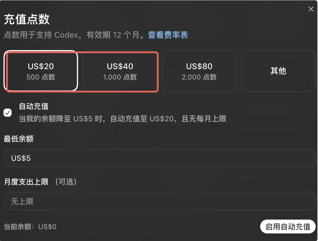Codex 点数购买界面示意图
